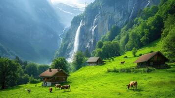 Landscape featuring cows grazing on a lush green meadow with several rustic wooden cabins and a waterfall in the background. photo