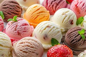 Assortment of deliciously colorful ice cream scoops in a variety of flavors photo