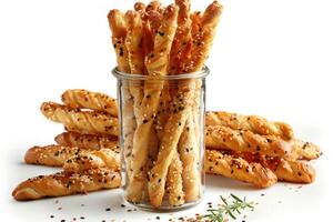 Selection of breadsticks with sesame seeds and herbs, displayed in a tall glass jar photo