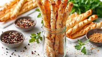 Selection of breadsticks with sesame seeds and herbs, displayed in a tall glass jar photo