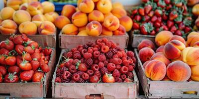 Fresh ripe peaches and strawberries displayed in cartons at a market, highlighting the colors and freshness of the fruits. photo