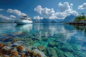 Scenic boat ride with mountains and crystal clear water photo