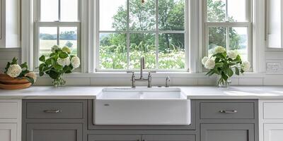 Elegant kitchen with gray cabinetry and large windows photo