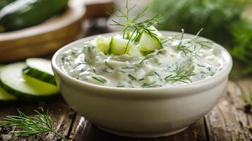 Fresh Homemade Tzatziki Sauce with Cucumber and Dill in Bowl on Rustic Wooden Table photo