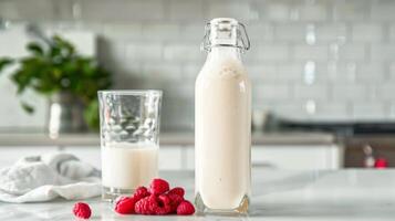 Fresh Kefir Bottle and Glass with Raspberries in Bright Modern Kitchen Perfect for Health and Wellness Design photo
