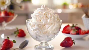 Fresh Whipped Cream in a Transparent Glass Bowl with Strawberries in a Sunny Kitchen Engaging Scene Perfect for Spring and Summer Recipes Design photo