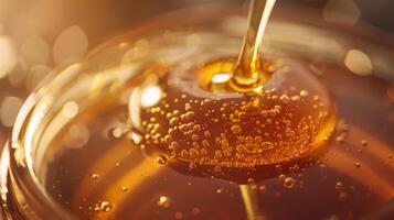 Artistic CloseUp of Honey Jar with Lid Removed, Perfect for Kitchen Decor and Culinary Publications photo