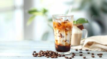 Refreshing Glass of Iced Coffee with Cold Milk on Light Background with Fresh Coffee Beans photo