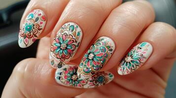Intricate Mandala Design on Nails for a Colorful Manicure, Perfect for Beauty and Style Inspired Projects photo