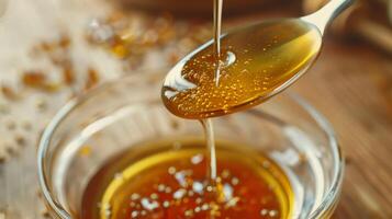 Raw Honey Drizzle Over Spoonful in Glass Bowl Culinary Ingredient and Natural Sweetener for Recipes and Food Photography photo