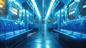 An empty modern subway car featuring seats, illuminated by artificial lighting photo
