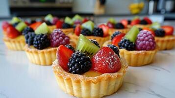 An assortment of delicious fruit tarts featuring vibrant kiwi, blueberry, raspberry, and blackberry on a buttery base, beautifully arranged on a marble surface. photo