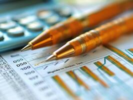 Pen placed on a spreadsheet, highlighting financial data and figures, symbolizing business, finance, and office work. photo