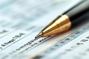 Pen placed on a spreadsheet, highlighting financial data and figures, symbolizing business, finance, and office work. photo