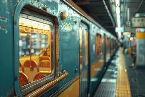 An empty modern subway car featuring seats, illuminated by artificial lighting photo