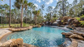 Crystal clear pool with a cascading waterfall, surrounded by lush tropical greenery photo
