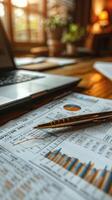 Pen placed on a spreadsheet, highlighting financial data and figures, symbolizing business, finance, and office work. photo