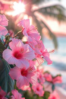 Beautiful sunset with hibiscus flowers on sandy beach photo