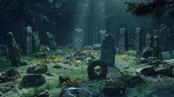 Ancient Weathered Stone Circle in a Forest Clearing with Glowing Flowers Creating a Mystical Ambience photo