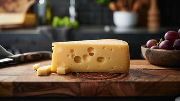 Cheese Wedge on Wooden Cutting Board with Grapes in Modern Kitchen Setting Perfect for Food Photography photo