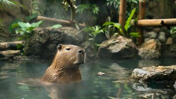 Capybara Relaxing in a Steaming Hot Spring with Lush Greenery Background photo