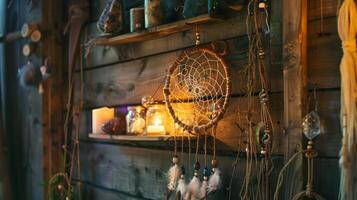 Bohemian Home Decor with Handmade Dreamcatcher and Illuminated Candles in Rustic Setting photo
