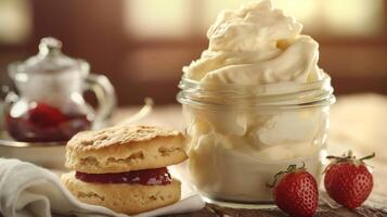 Fresh Clotted Cream in Transparent Glass Jar with Biscuits and Strawberries for Perfect Breakfast Setting photo