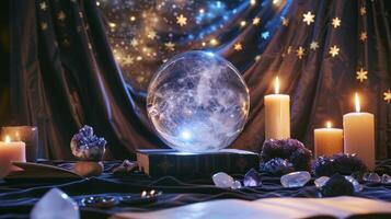 Mystical Seers Table with Crystal Ball, Candles, and Geode Crystals for Spiritual Guidance Design photo