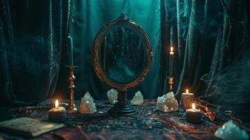 Mystical Ritual Setup with Scrying Mirror, Candles, and Crystals for Divination and Spiritual Practices photo