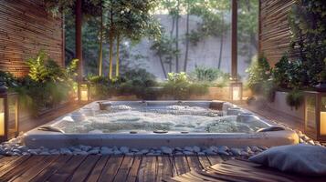 Serene Spa Scene with Hot Tub Surrounding Plants and Lanterns for Relaxation and Wellness Design photo