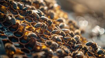 Closeup View of Honeybee Hive Frame Covered with Bees in Natural Sunlight Ideal for Educational and Conservation Use photo