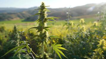 Tall Cannabis Plant in a Sunlit Meadow Capturing the Serenity of Nature for Greenery, Agriculture, and Environmental Themes photo