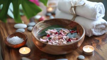 Spa Setting with Aromatic Rose Petal Bowl, Bath Salts, and Rolled Towels for Relaxation and Wellness Design photo