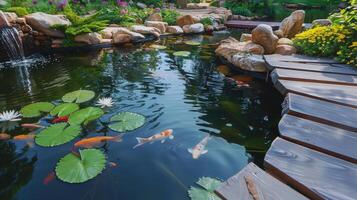 Serene Spa Garden with Koi Pond and Lush Landscaping for Relaxation and Tranquility in Outdoor Space Design photo