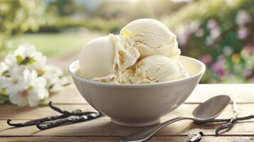 Delicious Vanilla Ice Cream in a Bowl on Wooden Table with Garden Background, Perfect for Summer Dessert Ads photo