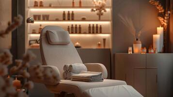 Elegant Spa Room with a Comfortable Facial Treatment Chair and Soothing Ambient Lighting for Relaxation photo