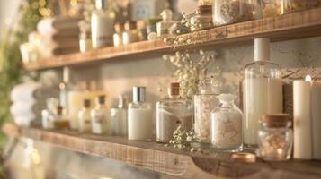 Elegant Spa Setting with Candles, Essential Oils, and Bath Salts on Wooden Shelves Ideal for Relaxation and Wellness photo