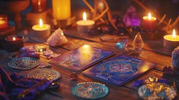Mystical Tarot Card Spread on Wooden Table with Crystals and Candles for Spiritual Guidance and Divination photo
