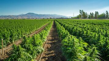 Cannabis Cultivation Field with Mountains in Background, Ideal for Agricultural, Rural, Nature, and Landscape Stock Photography photo