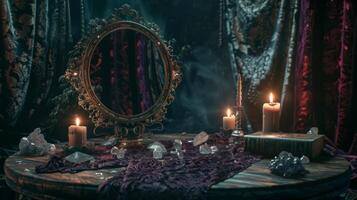 Enchanting Scrying Mirror Setup with Candles on Wooden Table Surrounded by Crystals for Mystical and Magical Decor photo