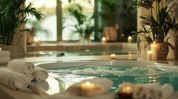 Relaxing Spa Room with Mineral Bath Treatment and Candlelight Ambiance for Wellness and Relaxation photo