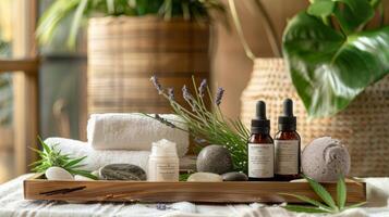 Spa Wellness Retreat Setup with Natural Skincare Products, Aromatherapy Oils, and Fresh Lavender photo