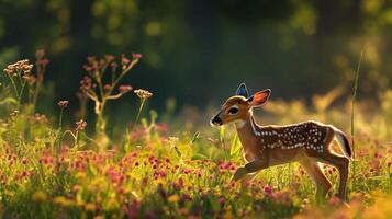 Young Fawn Running in a Sunlit Meadow, Wildlife Photography, Nature Scene photo