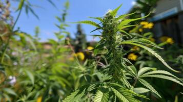 Cannabis Plant in Bloom in Natural Garden Setting Under Clear Blue Sky photo