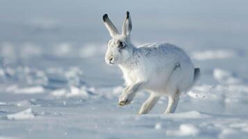 Arctic Hare Bounding Across Snowy Landscape in Winter Nature Scene for Wildlife Photography and Winter Prints photo