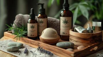 Cannabis Infused Skincare Products Display on Wooden Tray with Natural Elements Design for Wellness and Beauty Promotions photo