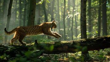 Agile Lynx Leaping over Mossy Fallen Log in Sunlit Dense Forest Wildlife Photography photo