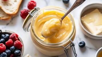 Fresh Creamed Honey in Glass Jar on Marble Countertop with Berries and Butter Ideal for Breakfast, Cooking, and Food Photography photo