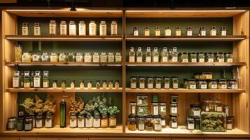 Cannabis Dispensary Shelf with Glass Jars and Containers of Various Strains and Products for Recreational and Medicinal Use photo
