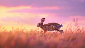 Swift Hare Running Across a Vast Open Field at Dusk in a Beautiful Scenic Landscape Suitable for Nature Prints and Posters photo